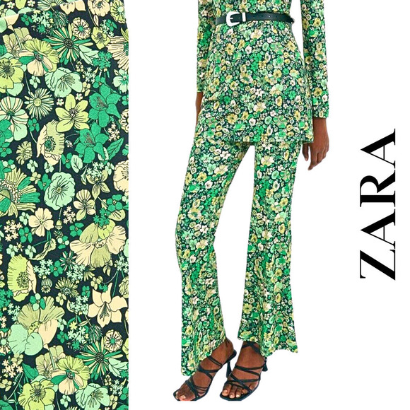 ZARA NWT Green Floral Printed Flowing Mod-Style Pull-On Flared Pants Small 4-6 - Picture 1 of 13